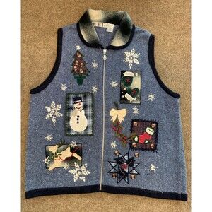 Vintage Christmas Sweater Womens XL Vest Plaid Holiday Patchwork Festive Zip Up